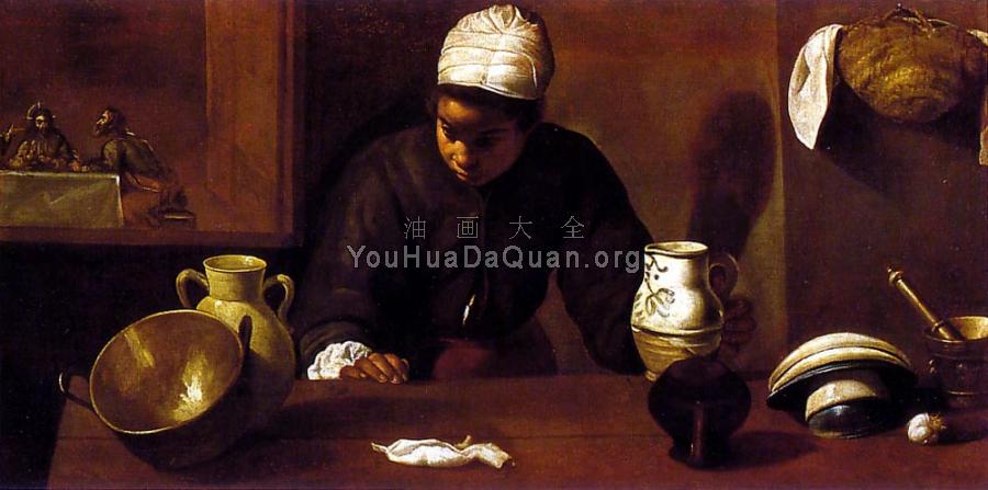 Kitchen Main with Supper at Emmaus - 迭戈·罗德里格斯·德·席尔瓦·委拉斯贵支